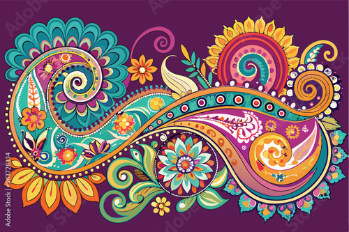 Colorful and intricate paisley design featuring vibrant flowers and swirling patterns against a purple background, perfect for textile or wall art