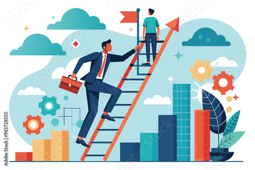 A business professional climbs a ladder toward success while guiding an aspiring individual in a vibrant, inspiring environment filled with growth icons