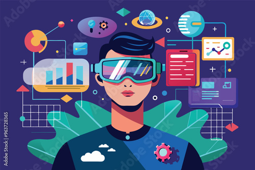 A young person wearing virtual reality goggles is immersed in a digital environment filled with data visuals, charts, and futuristic graphics, reflecting innovation and technology