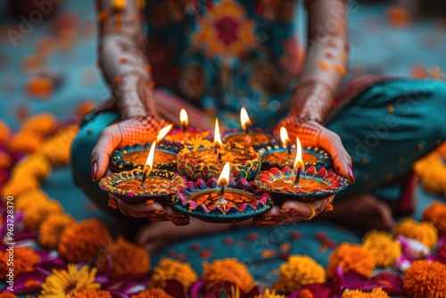 Joyous festival: happy Diwali, people celebrating triumph of good over evil, emerging from spiritual darkness, observed by hindus, buddhists, jains, sikhs, with puja rituals, prasada offerings. photo