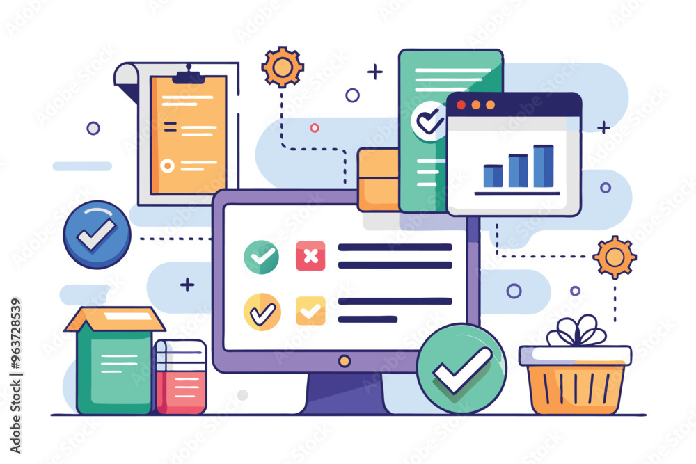 Digital workflow diagram illustrating processes of task management, inventory control, and document organization in a modern office environment Digital workflow diagram illustrating processes of task management, inventory control, and document organization in a modern office environment