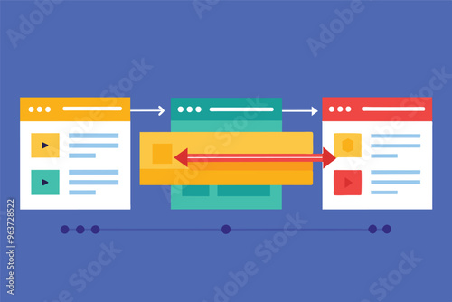 A digital illustration of content flow between web pages showcasing the process of online interaction and data sharing in a modern user interface