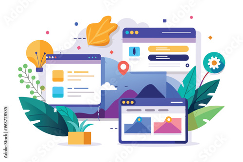 Colorful digital landscape with website mockups showcasing user interface design elements, plants, and natural scenery in a creative workspace setting