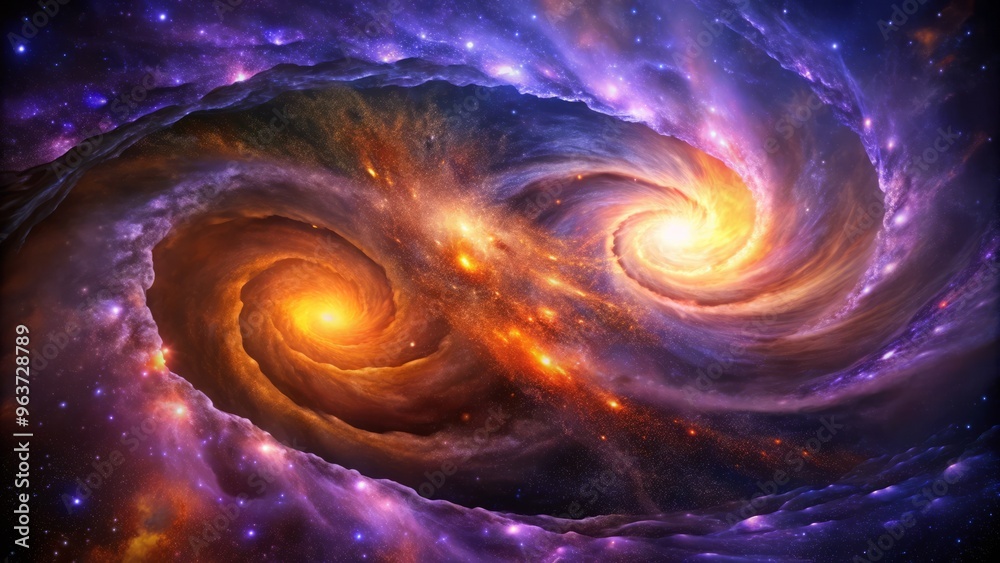 colliding galaxies with swirling clouds of purple and orange gases to depict cosmic chaos colliding galaxies with swirling clouds of purple and orange gases to depict cosmic chaos