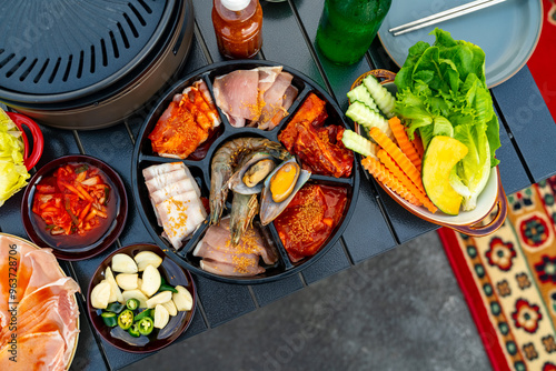 Canvas Print Korean food barbecue grill and alcohol drink vodka on the table