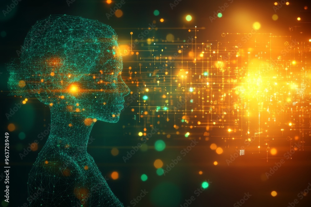 Cognitive processing power Synaptic network Futuristic glowing human figure with digital data streams symbolizing technology artificial intelligence and the evolution of thought Cognitive processing power Synaptic network Futuristic glowing human figure with digital data streams symbolizing technology artificial intelligence and the evolution of thought