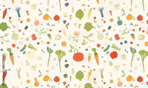 Seamless Pattern of Simple Line Art Vegetables on White Background 