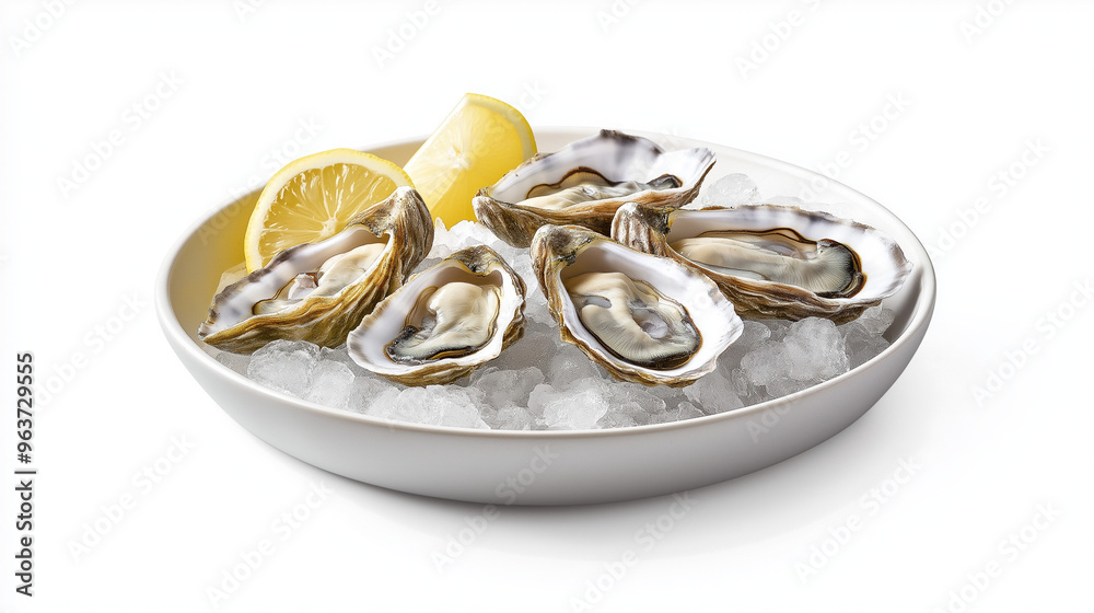 a plate of oysters on a bed of ice with lemon wedges against an isolated white background a plate of oysters on a bed of ice with lemon wedges against an isolated white background