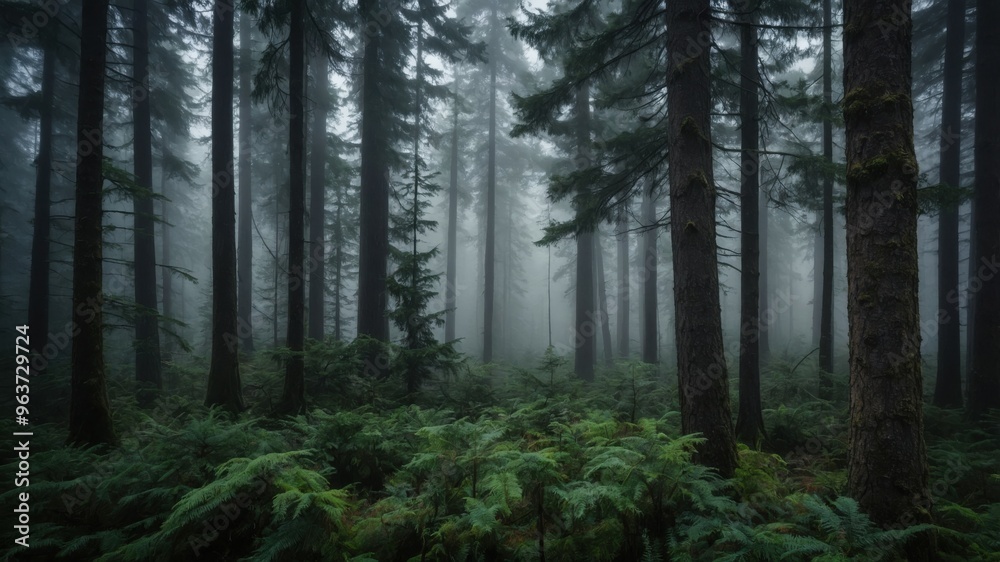 Fototapeta premium A tranquil, misty forest scene with tall evergreen trees and lush ferns covering the forest floor, creating a mysterious and peaceful atmosphere. 