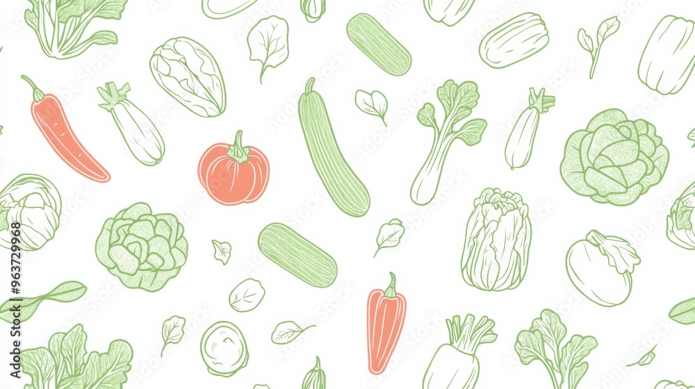 Symmetrical Seamless Pattern of Simple Line Vector Graphics Featuring Vegetables in Pastel Green on White Background