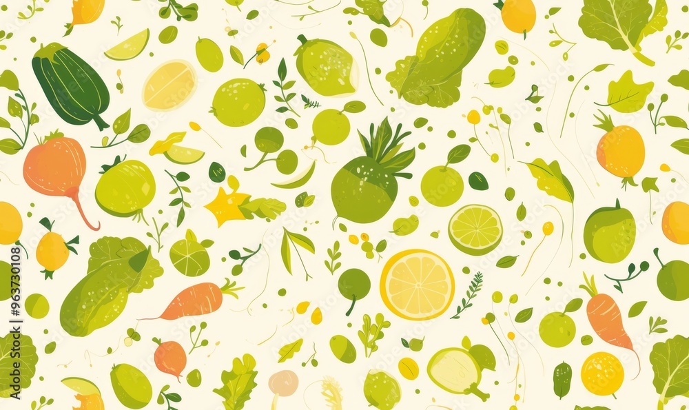 Symmetrical Seamless Pattern Featuring Vegetables in Pastel Green on White Background Symmetrical Seamless Pattern Featuring Vegetables in Pastel Green on White Background