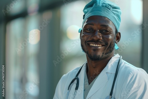 A male figure dressed in blue scrubs and a green hat, suitable for medical or outdoor uses