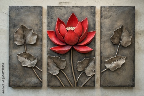 This stunning threepanel wall art showcases a vibrant red lotus flower along with delicate leaves, making it the perfect addition for bringing a natural and refreshing touch to any room or space photo