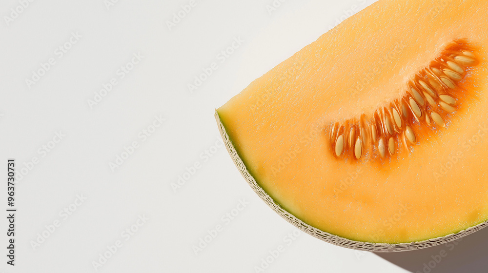 a slice of cantaloupe with a pale orange flesh and seeds in the center against an isolated white background a slice of cantaloupe with a pale orange flesh and seeds in the center against an isolated white background