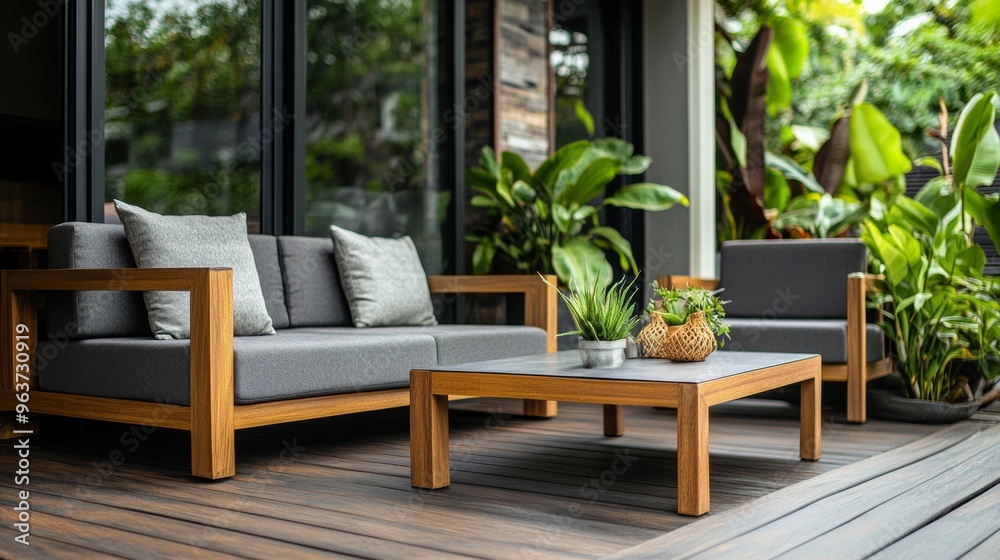 Fototapeta premium Stylish Outdoor Patio with Furniture and Plants