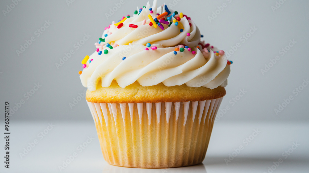 a vanilla cupcake with creamy buttercream frosting and colorful sprinkles against an isolated white background a vanilla cupcake with creamy buttercream frosting and colorful sprinkles against an isolated white background