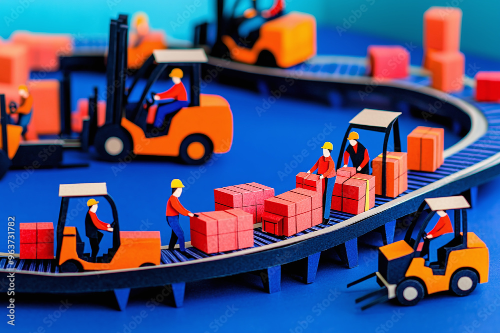 cut out paper collage of warehouse workers sorting packages on conveyor belts, with miniature forklifts moving about cut out paper collage of warehouse workers sorting packages on conveyor belts, with miniature forklifts moving about