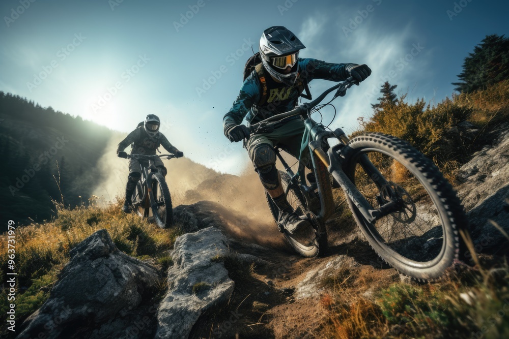 Naklejka premium Dynamic leap - mountain biker , the exhilarating motion blur to convey velocity, blending the thrill of extreme sport with the serenity of nature, ideal for outdoor and adventure imagery