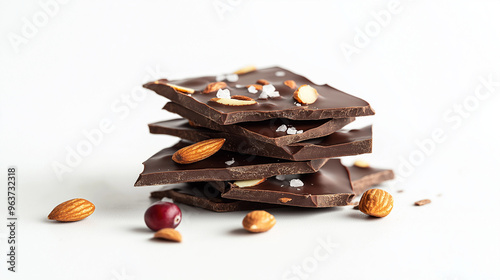 chocolate bark with almonds, cranberries, and sea salt against an isolated white background