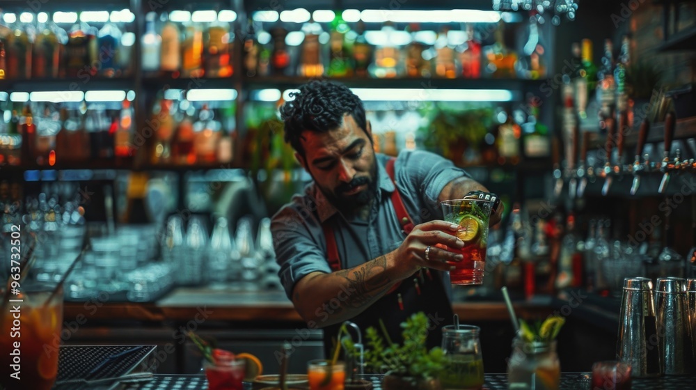 A man prepares a drink at a counter with a glass and various bottles A man prepares a drink at a counter with a glass and various bottles