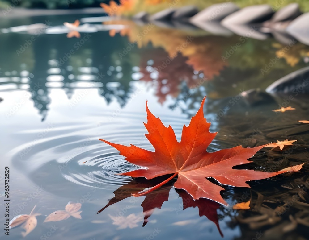 A red maple leaf floating on the surface of a calm, rippling body of water, with a blurred natural background A red maple leaf floating on the surface of a calm, rippling body of water, with a blurred natural background