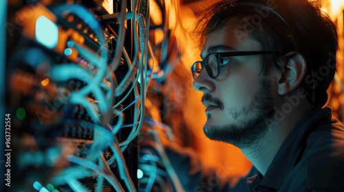Focused Technician Working with High-Tech Networking Equipment