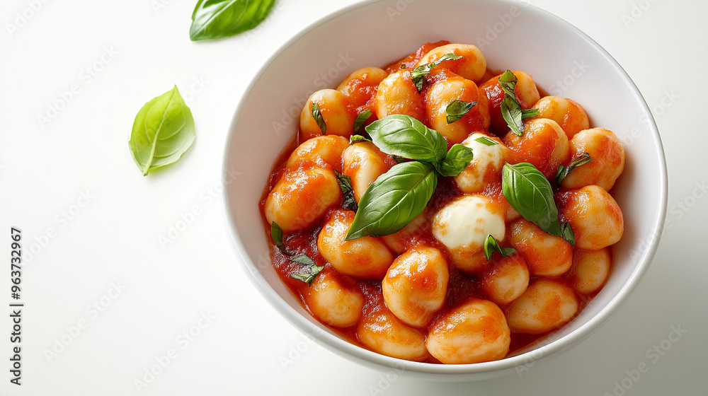 gnocchi alla sorrentina with tomato sauce, melted mozzarella, and fresh basil against an isolated white background gnocchi alla sorrentina with tomato sauce, melted mozzarella, and fresh basil against an isolated white background