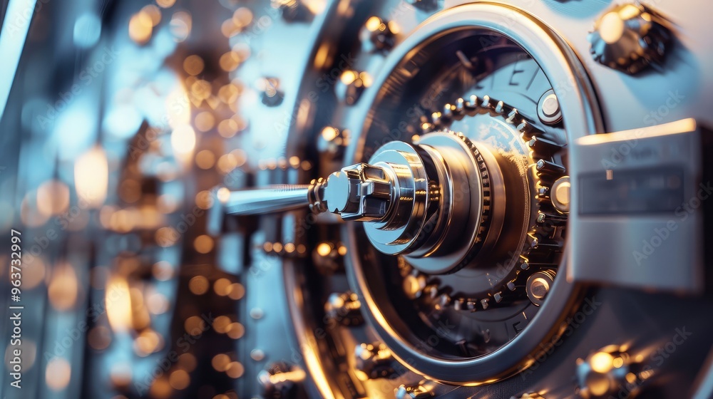 Close-Up of a Secure Vault Door Featuring Intricate Mechanisms and Lighting Close-Up of a Secure Vault Door Featuring Intricate Mechanisms and Lighting