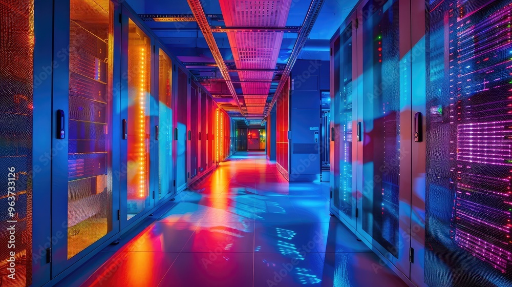 Fototapeta premium Vibrant Server Hallway Showcasing Futuristic Data Center Lighting