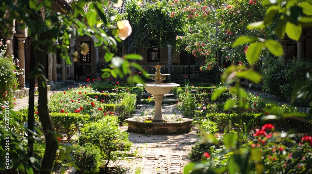 Tranquil Garden Oasis Featuring Elegant Fountain Surrounded by Lush Blooms Tranquil Garden Oasis Featuring Elegant Fountain Surrounded by Lush Blooms