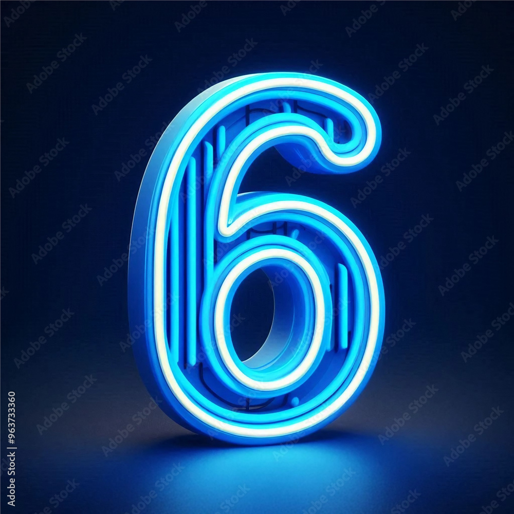 3d blue neon number 6 isolated on white background