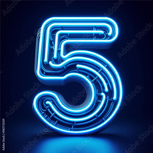 3d blue neon number 5 isolated on white background