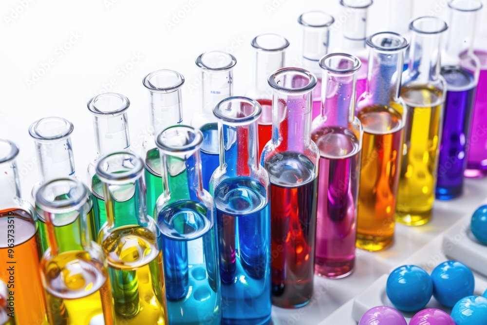 Clear glass containers filled with various colorful liquids for chemistry or science experiments Clear glass containers filled with various colorful liquids for chemistry or science experiments