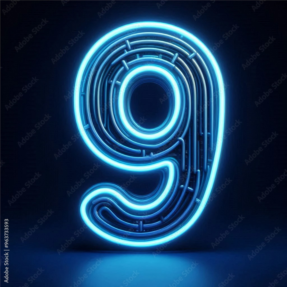 3d blue neon number 9 isolated on white background