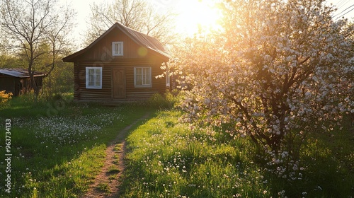 A vibrant spring landscape featuring a sunlit cabin surrounded by blooming flowers in full bloom, nestled in a serene natural setting. 