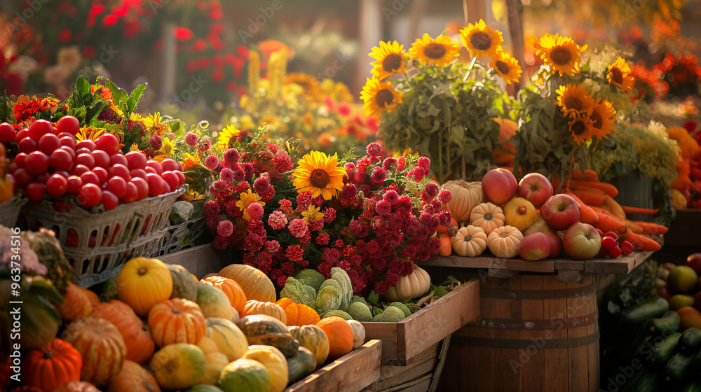 Vibrant Autumn Farmers Market Display with Pumpkins, Apples, and Sunflowers in Warm Light Vibrant Autumn Farmers Market Display with Pumpkins, Apples, and Sunflowers in Warm Light