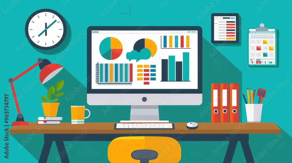 Modern Office Workspace with Data Analytics on Screen Modern Office Workspace with Data Analytics on Screen