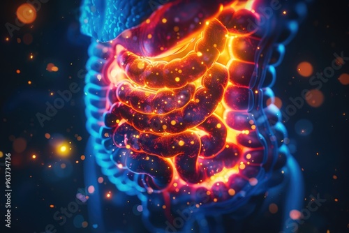 A close-up view of the human stomach with glowing areas, suitable for medical or scientific illustrations photo