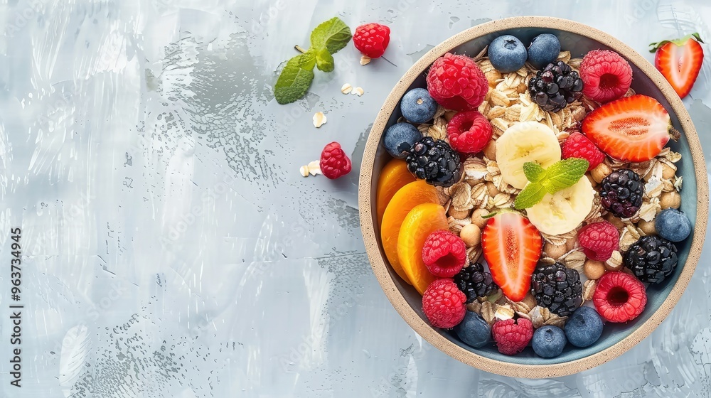 Fresh Fruit and Granola Breakfast Bowl on Textured Background