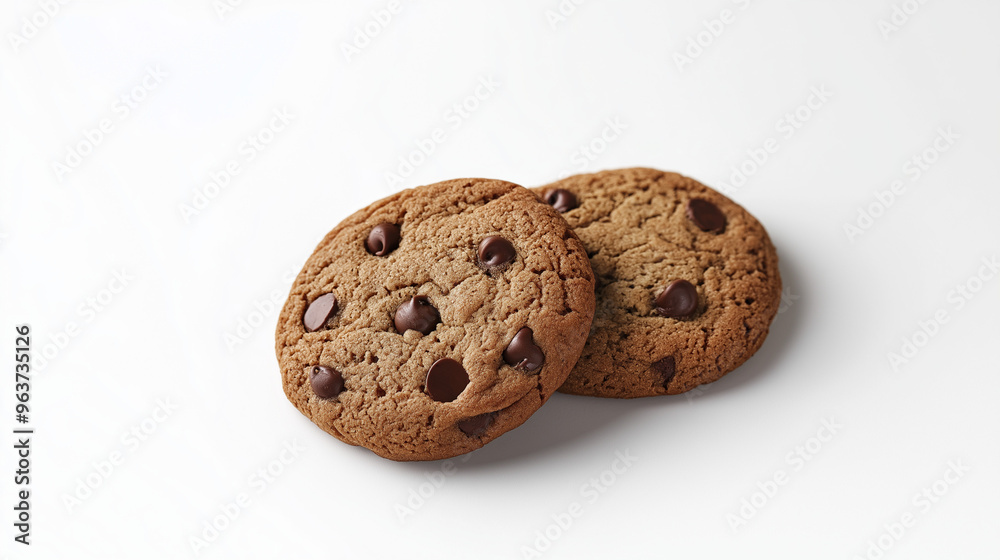three chocolate chip cookies with a golden-brown color and melty chocolate pieces against an isolated white background three chocolate chip cookies with a golden-brown color and melty chocolate pieces against an isolated white background