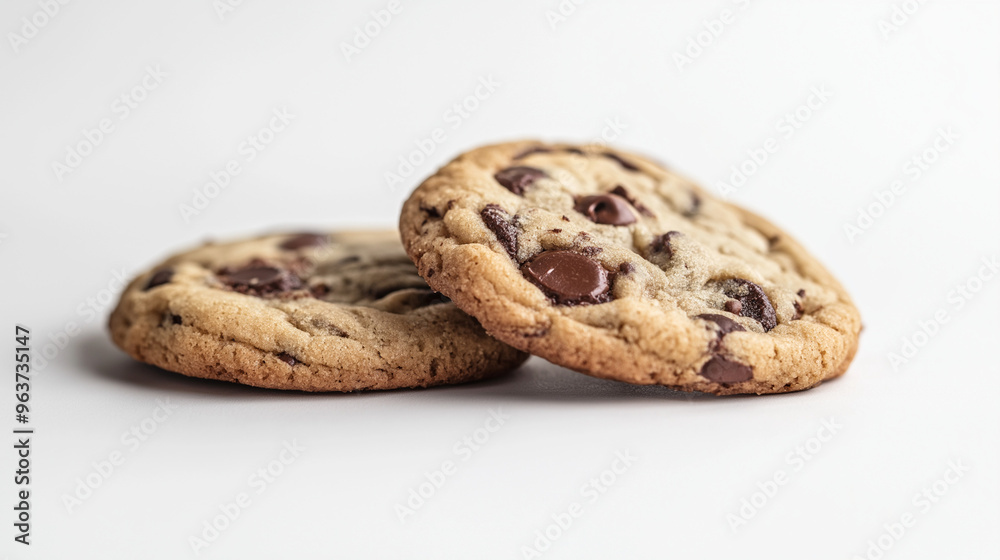 three chocolate chip cookies with a golden-brown color and melty chocolate pieces against an isolated white background three chocolate chip cookies with a golden-brown color and melty chocolate pieces against an isolated white background