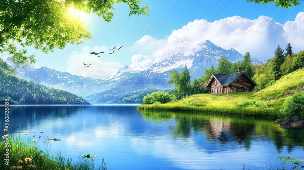 Naklejka premium Serene lush summer landscape featuring a peaceful lake and a sunlit cabin surrounded by vibrant greenery. The tranquil scene captures the essence of nature's beauty with clear reflections on the water