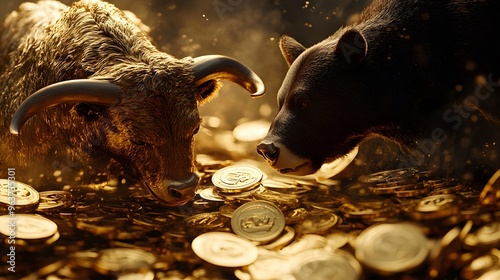 Bull and Bear Clash in Golden Sparks, Market Surge Illustration