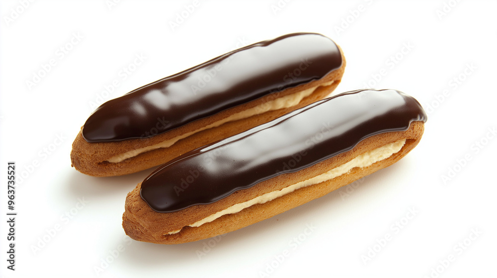 two eclair with glossy chocolate glaze and creamy filling visible at the ends against an isolated white background
