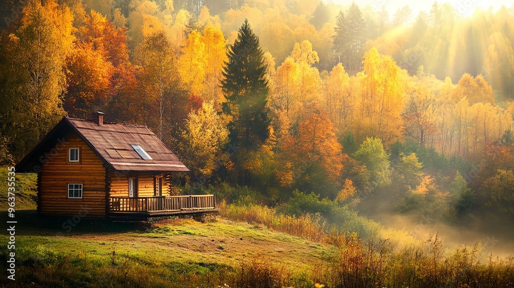 A misty autumn morning in a serene forest with soft fog enveloping the landscape, highlighting a sunlit cabin. The tranquil scene combines natural beauty and peaceful ambiance A misty autumn morning in a serene forest with soft fog enveloping the landscape, highlighting a sunlit cabin. The tranquil scene combines natural beauty and peaceful ambiance