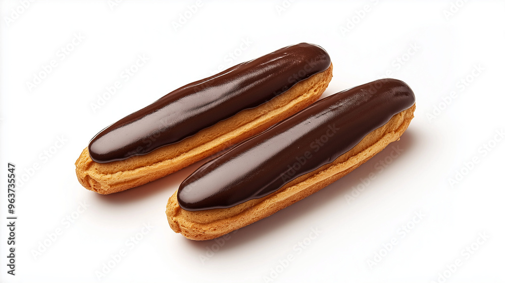 two eclair with glossy chocolate glaze and creamy filling visible at the ends against an isolated white background two eclair with glossy chocolate glaze and creamy filling visible at the ends against an isolated white background