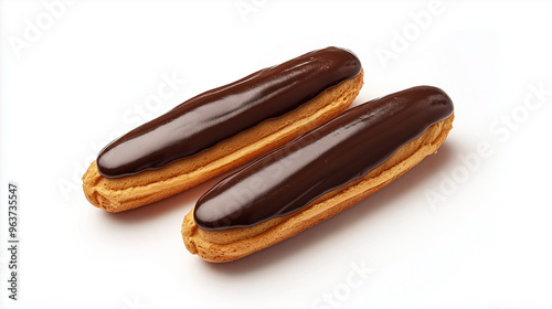 two eclair with glossy chocolate glaze and creamy filling visible at the ends against an isolated white background