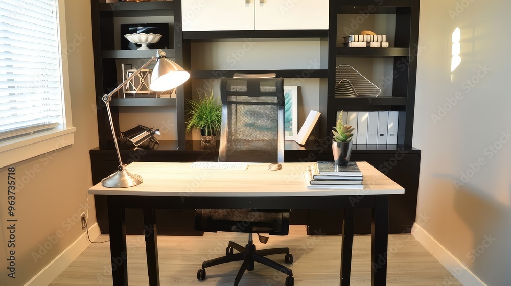 Modern Home Office with Desk and Bookshelves Modern Home Office with Desk and Bookshelves