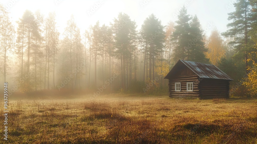 A misty autumn morning in a serene forest with soft fog enveloping the landscape, highlighting a sunlit cabin. A misty autumn morning in a serene forest with soft fog enveloping the landscape, highlighting a sunlit cabin.