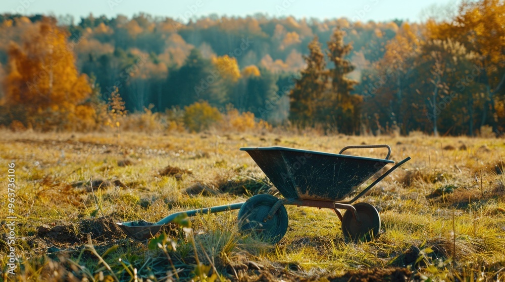 A wheelbarrow sits in a field surrounded by trees, great for outdoor and nature-themed projects A wheelbarrow sits in a field surrounded by trees, great for outdoor and nature-themed projects